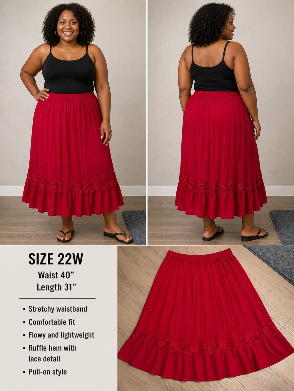 Robbie Bee Vibrant Pleated Midi Skirt with Lace Trim 22W Waist 40”
Length 31”